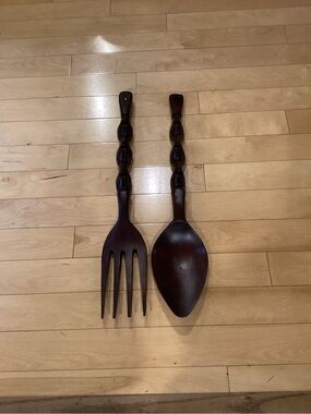 Decorative Wooden Fork and spoon set of two Dark Brown